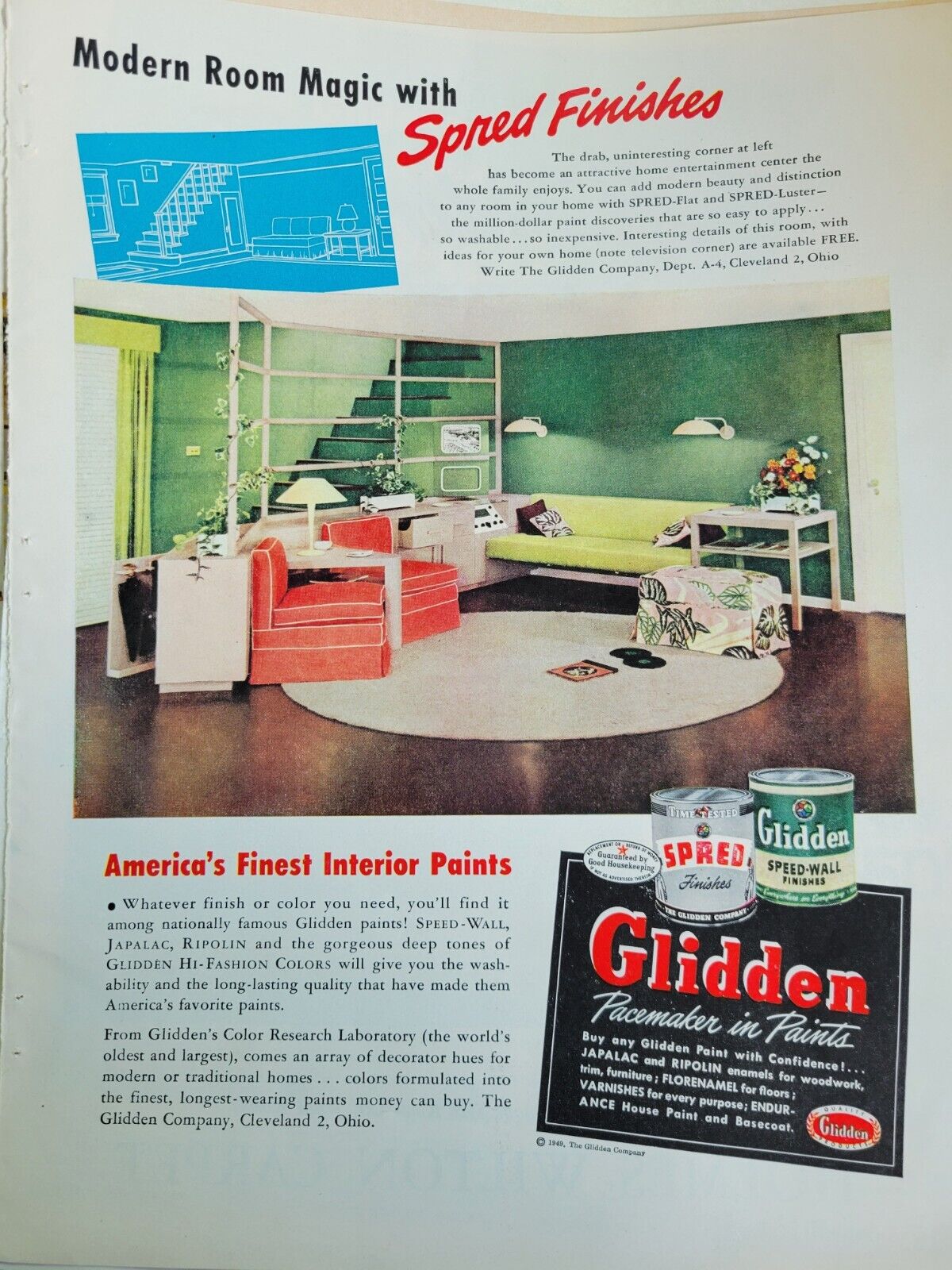1949 Glidden Spred Paint Mid Century Moder Room Design Vintage Sofa Chairs ad