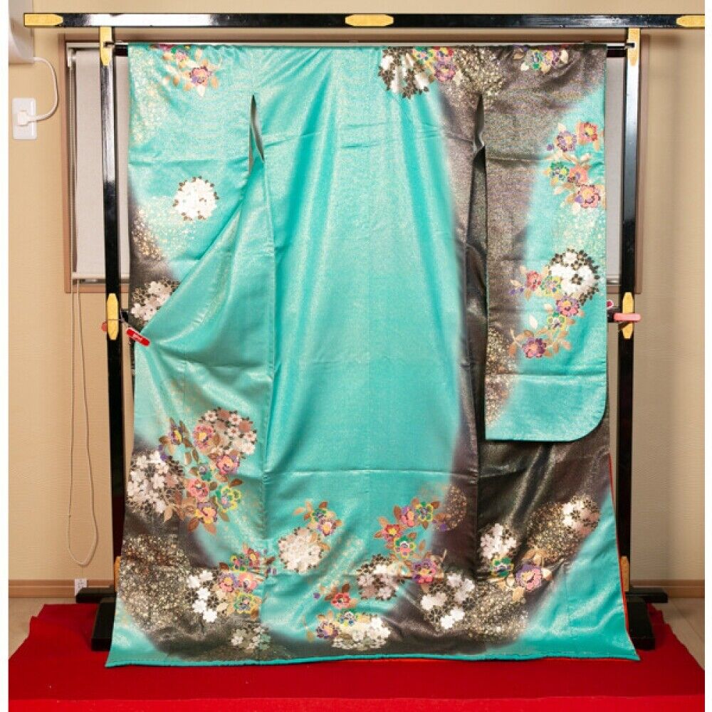 Woman Japanese Kimono Furisode Silk Celadon blue flower pattern from japan