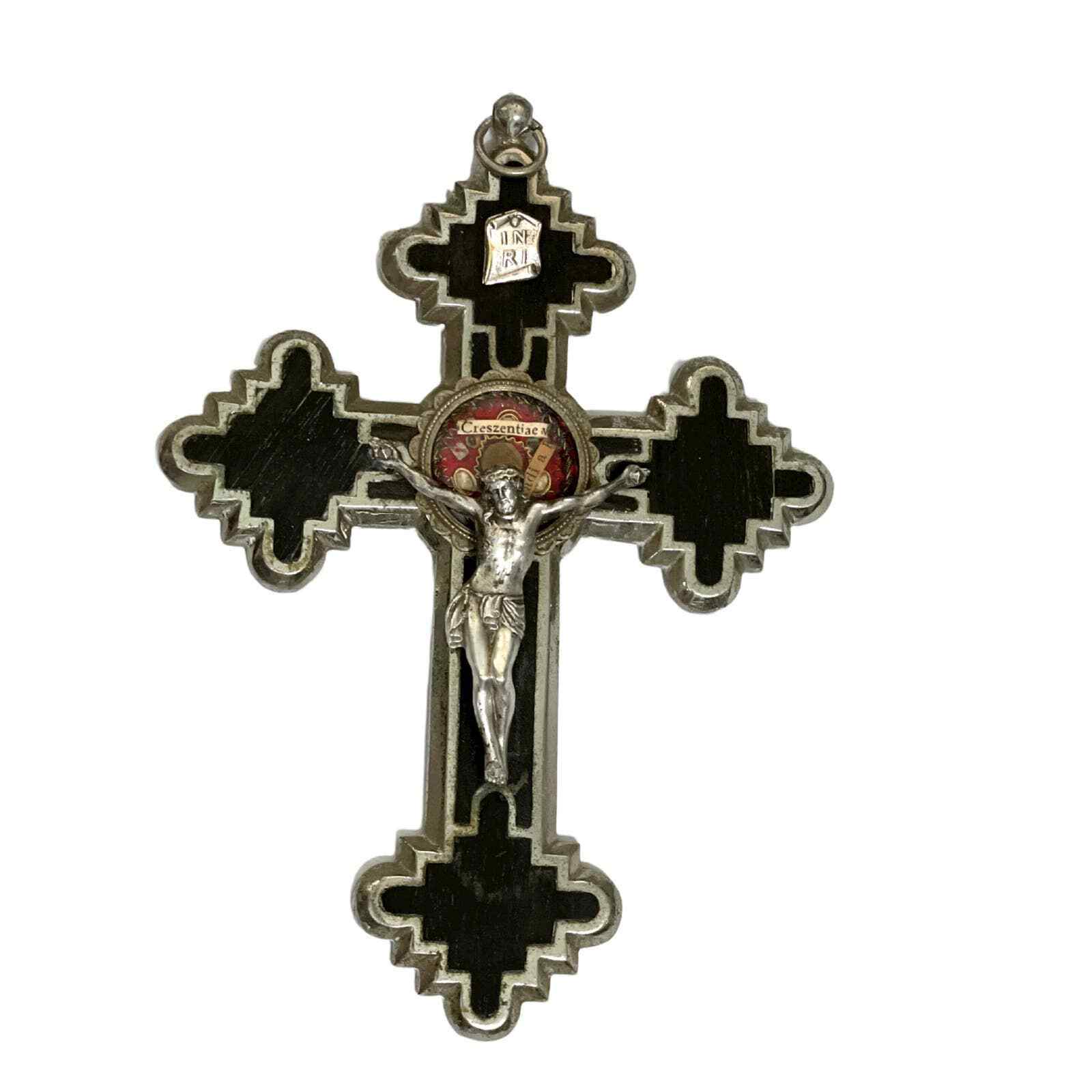 ATQ VTG Christian Reliquary Crucifix Cross Relics Convex Glass Inlaid Ebony Wood