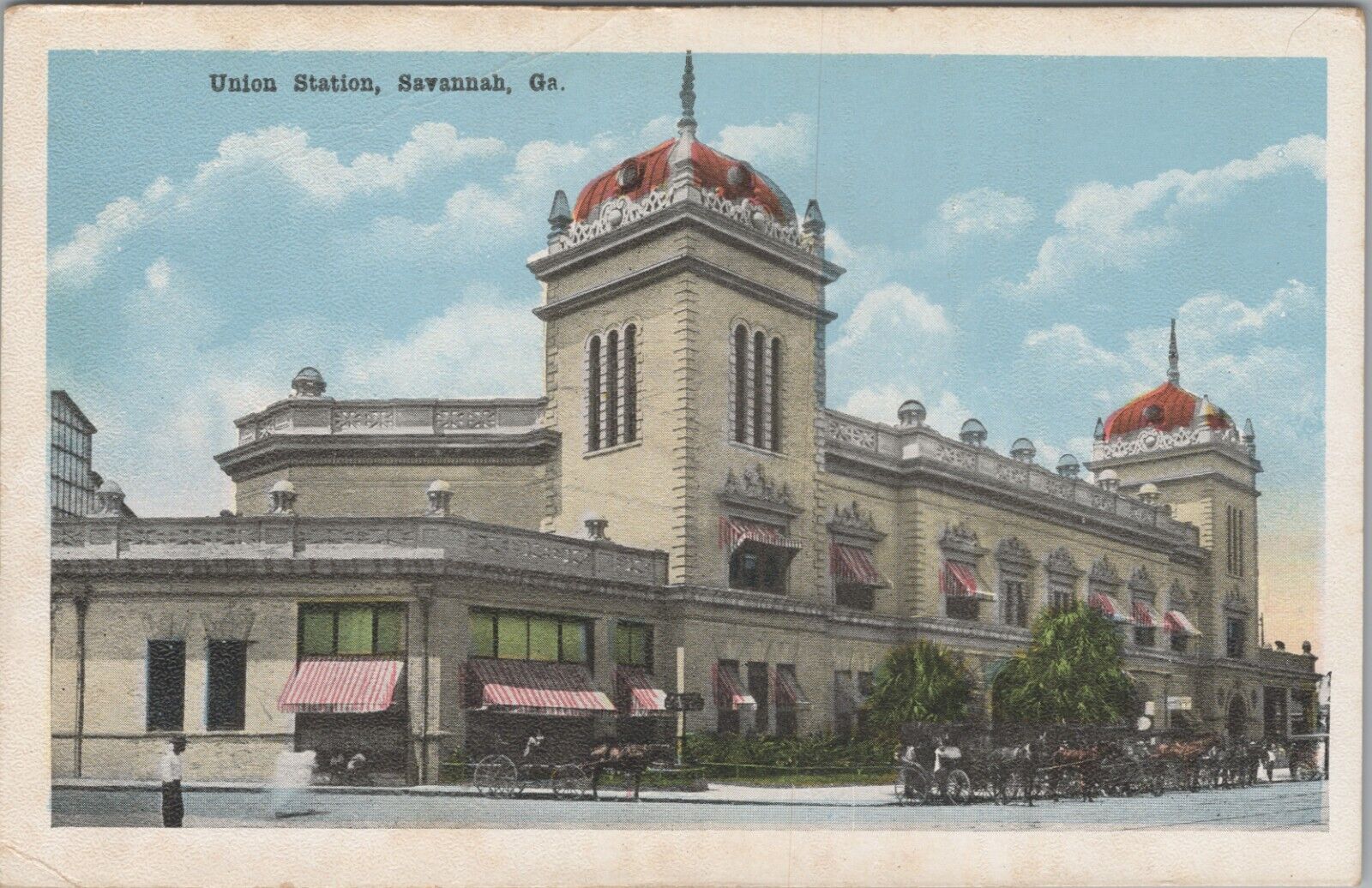Union Railroad Station Savannah GA Horse Carriage Auto c1920s WB postcard G930