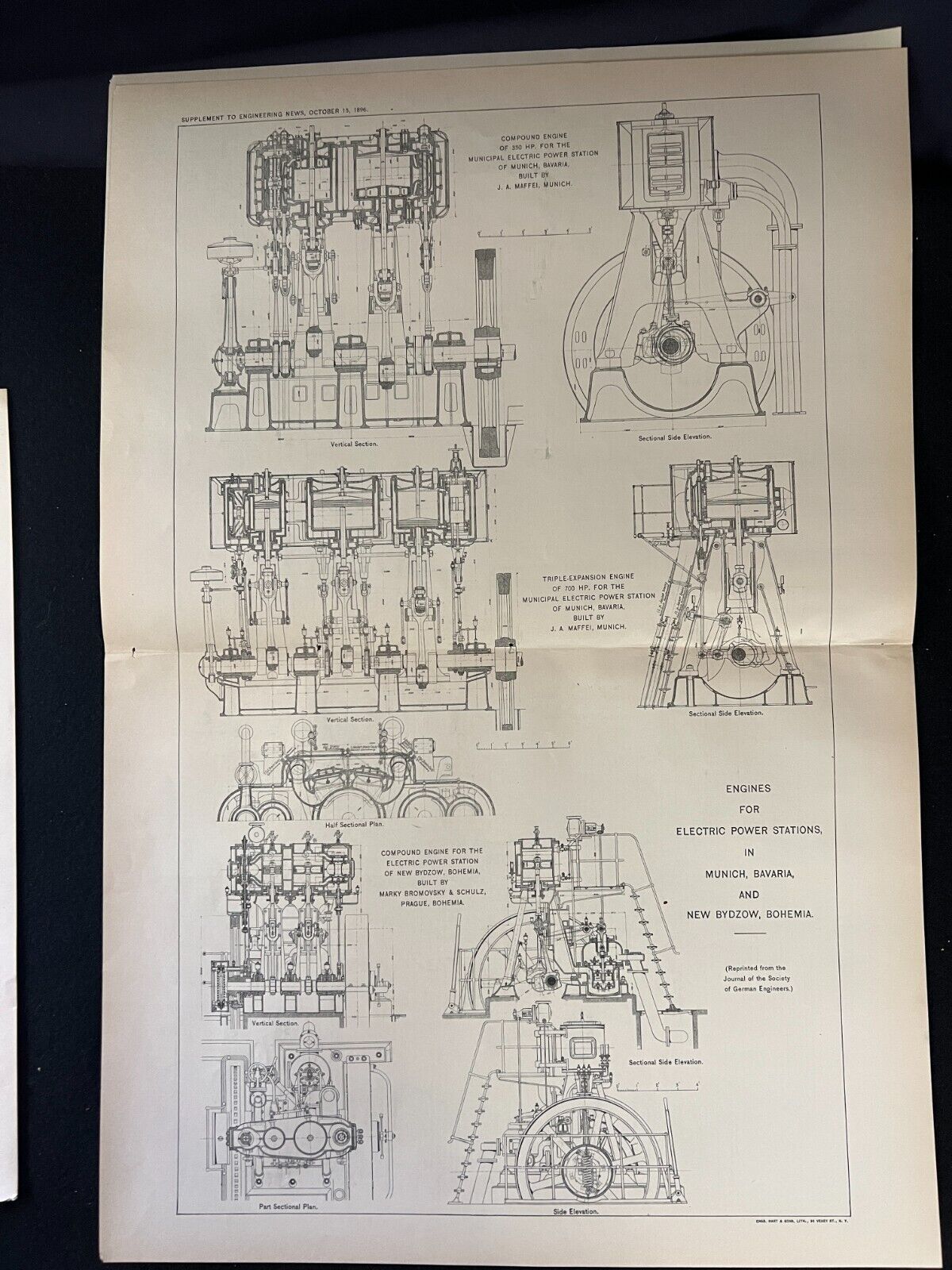 1896 Antique Industrial Drawing Engines for Electric Power Stations