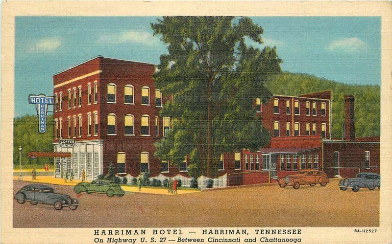 Autos Tennessee 1949 Harriman Hotel Postcard roadside Linen Teich 4098