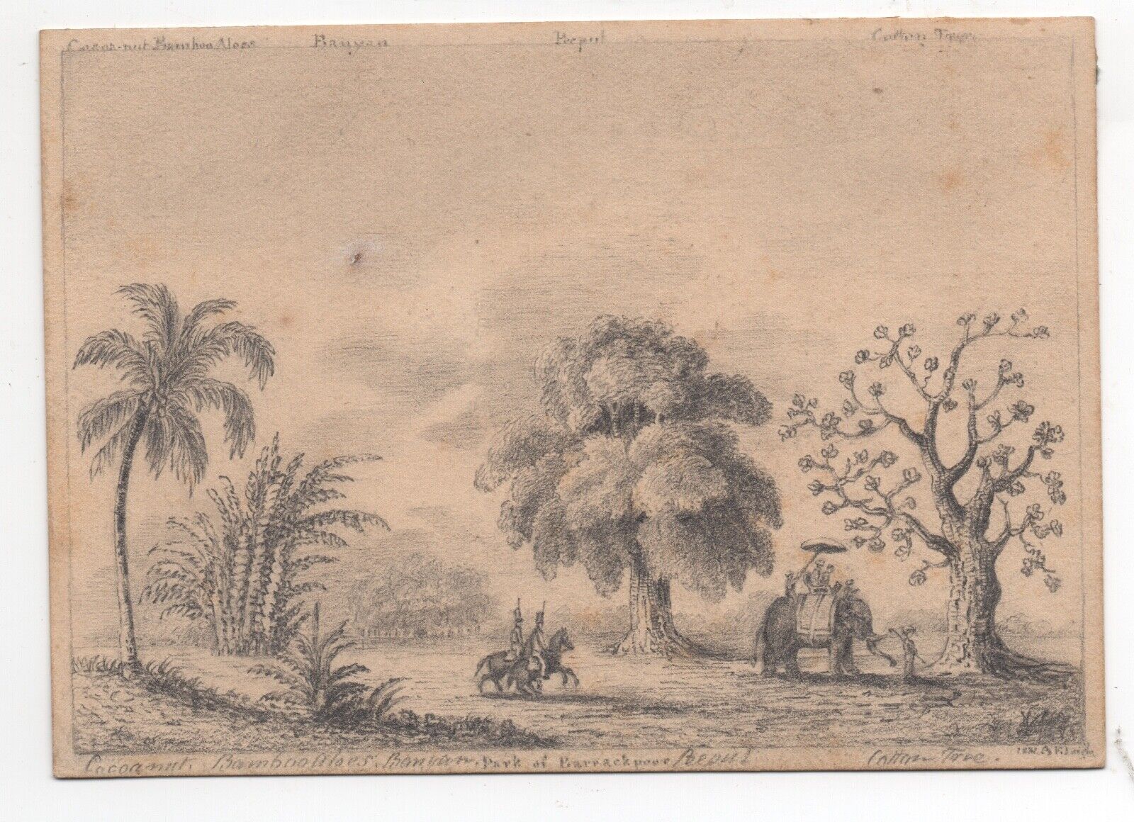 Rare 19th c Historical Pencil Drawing Soldiers & Elephant maybe Colonial India 