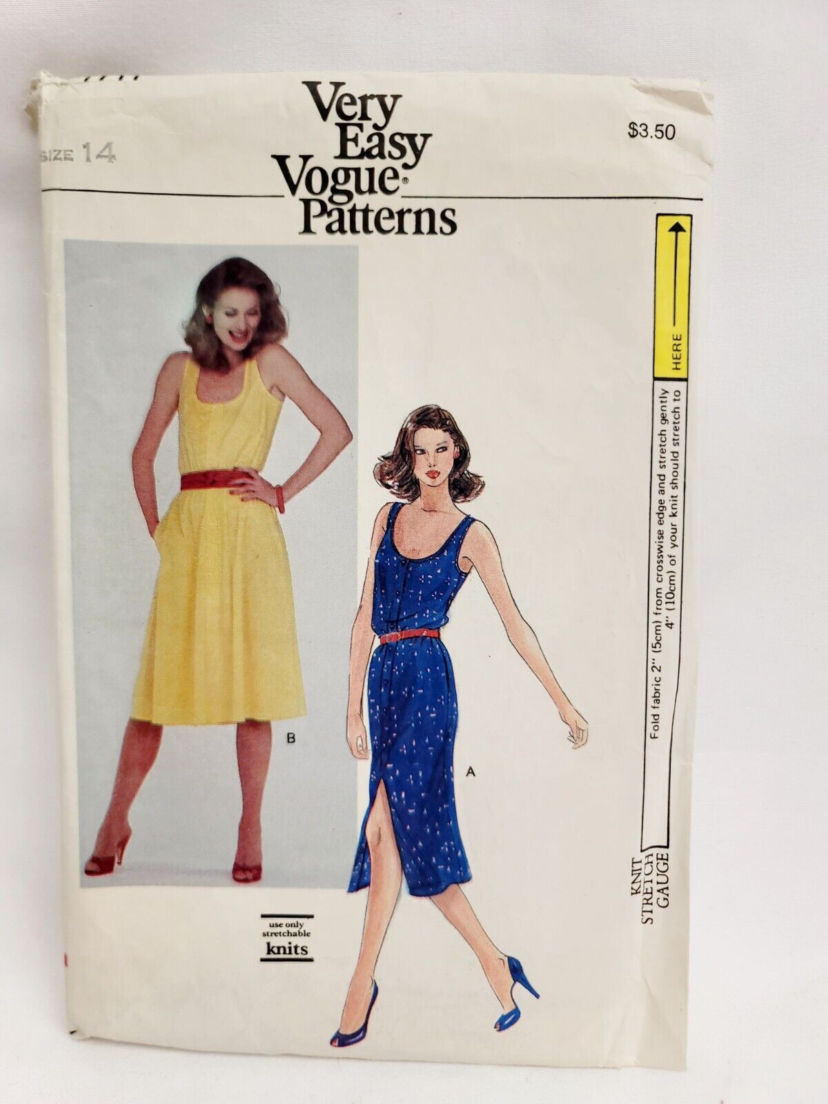 Vogue Pattern 7711 Stretch Knits Dress 1980\'s Scoop Neck Sleeveless 14