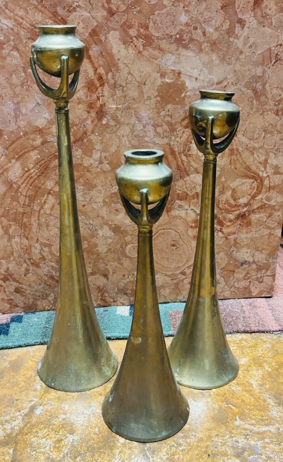 3pc Vintage MCM Mid Century Tulip Trumpet Brass 1” Candle Stick Holders