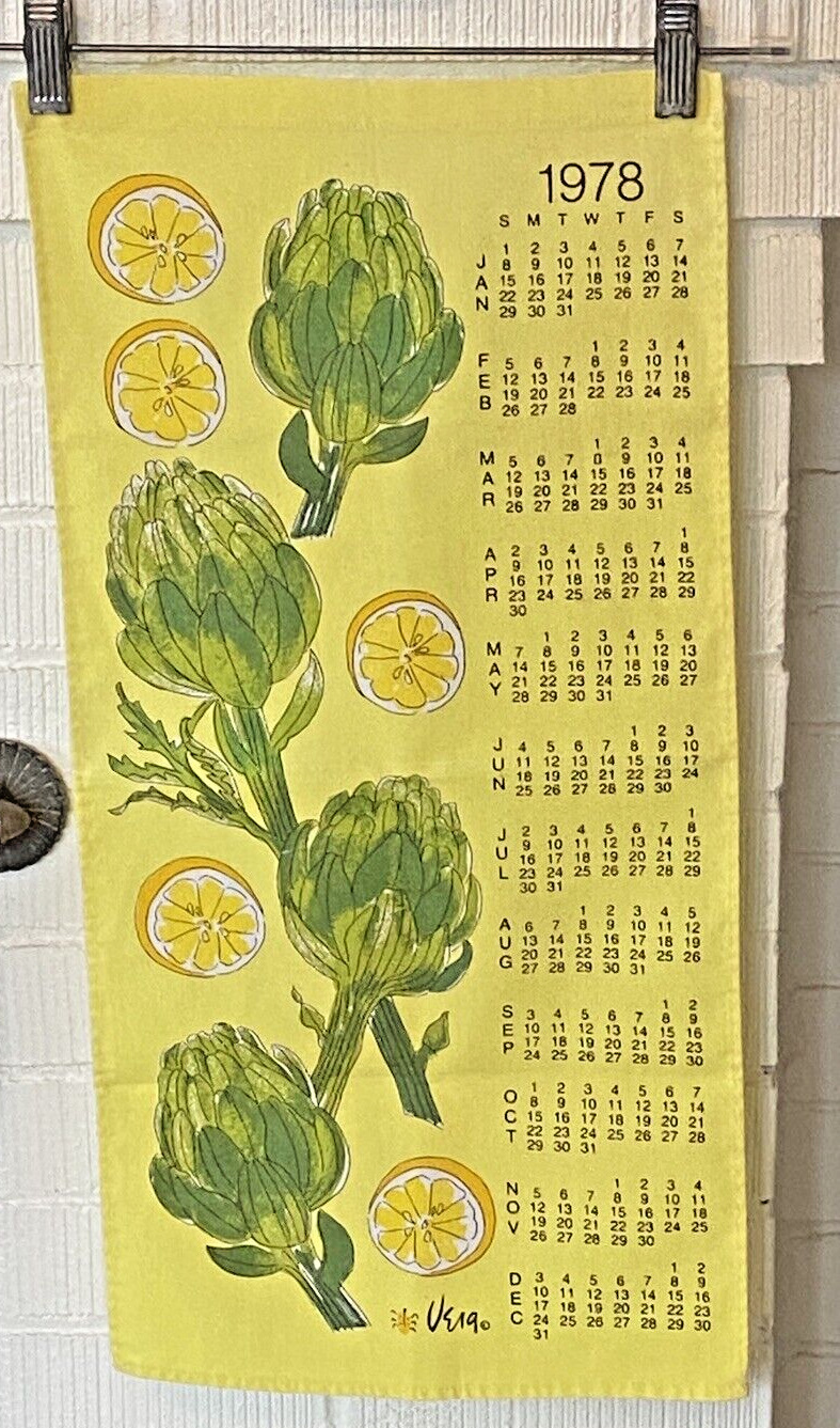 VTG Vera Neumann 1978 Calendar Tea Towel Yellow Cheery Lemon 🍋 Artichokes 11x23
