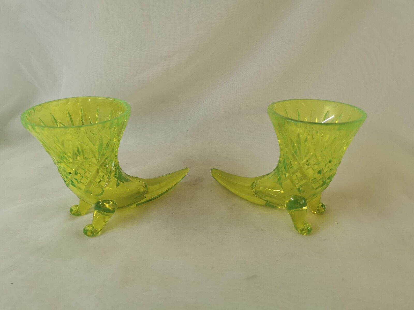 Pair of Vintage Cornucopia Vases, Uranium Coloured.