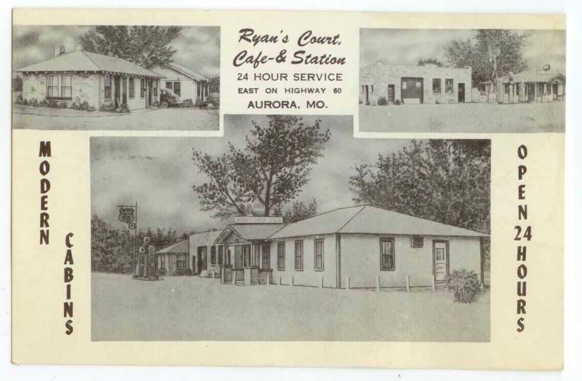 1940s Aurora Missouri Ryan\'s Auto Court Cafe and Philips 66 Gas Station Hwy 60
