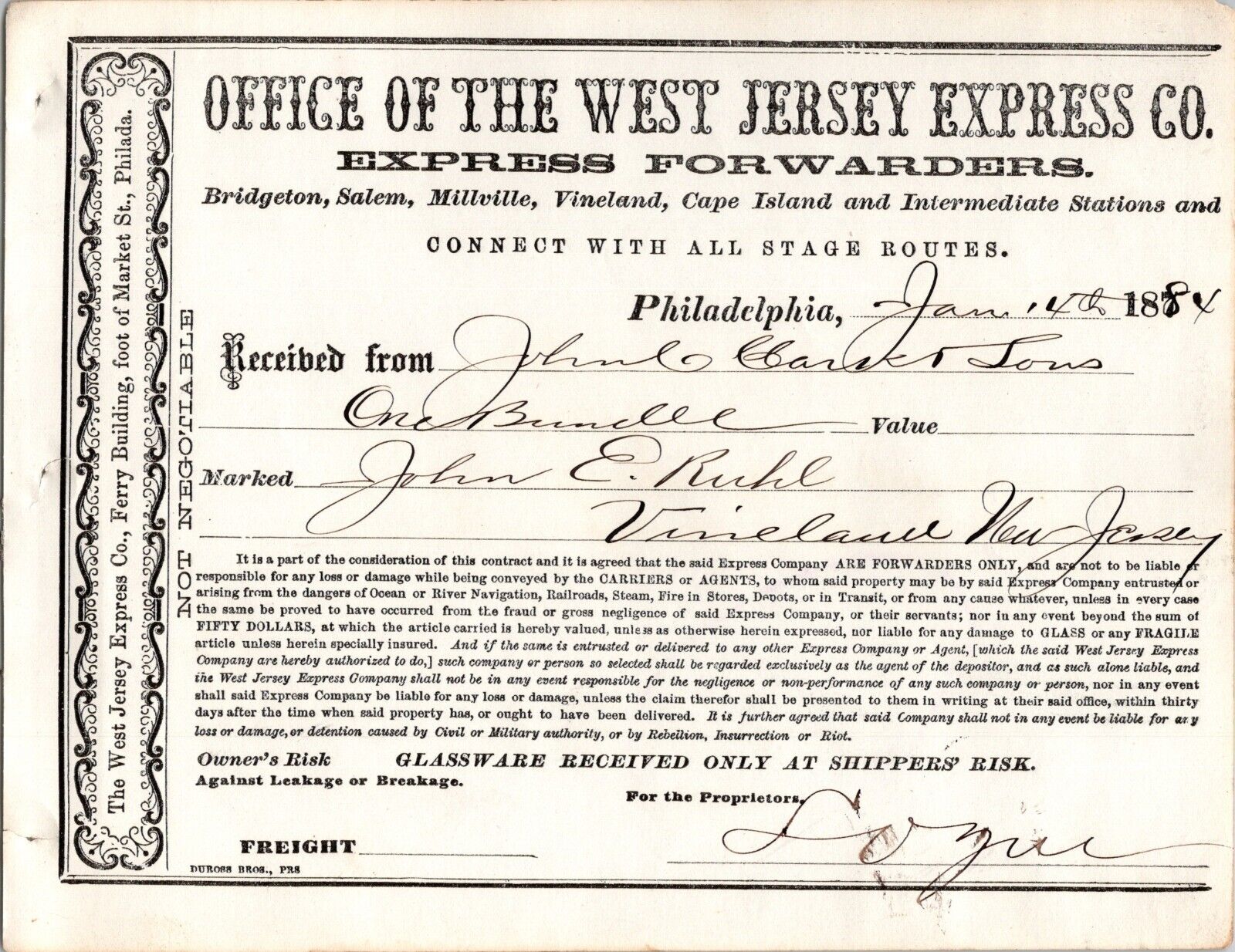 1884 Receipt WEST JERSEY EXPRESS Co. Ferry Bldg Philadelphia PA Antique Document