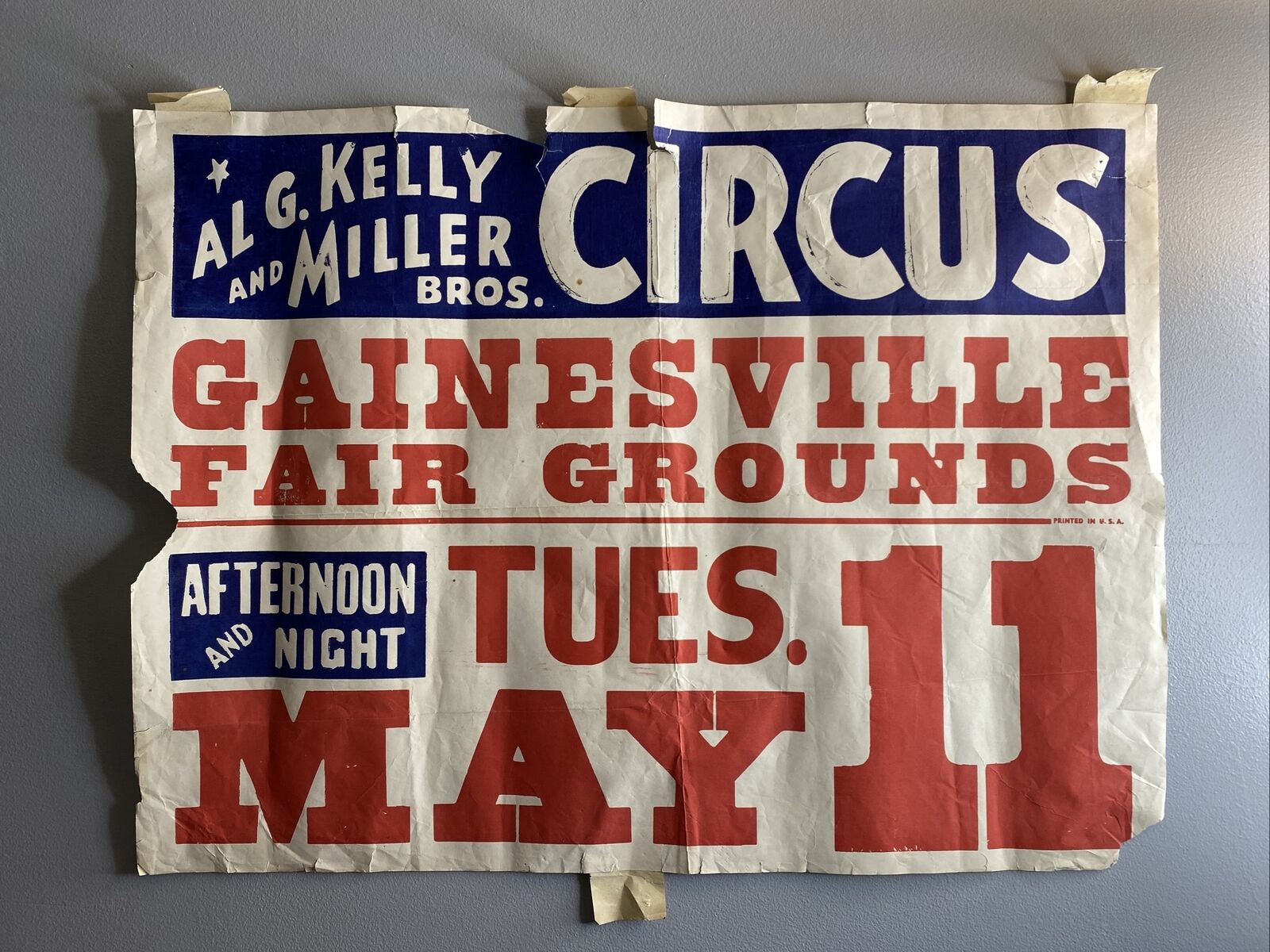 Vtg Al G. Kelly & Miller Bros Circus Gainsville Fairgrounds Poster 38x32”