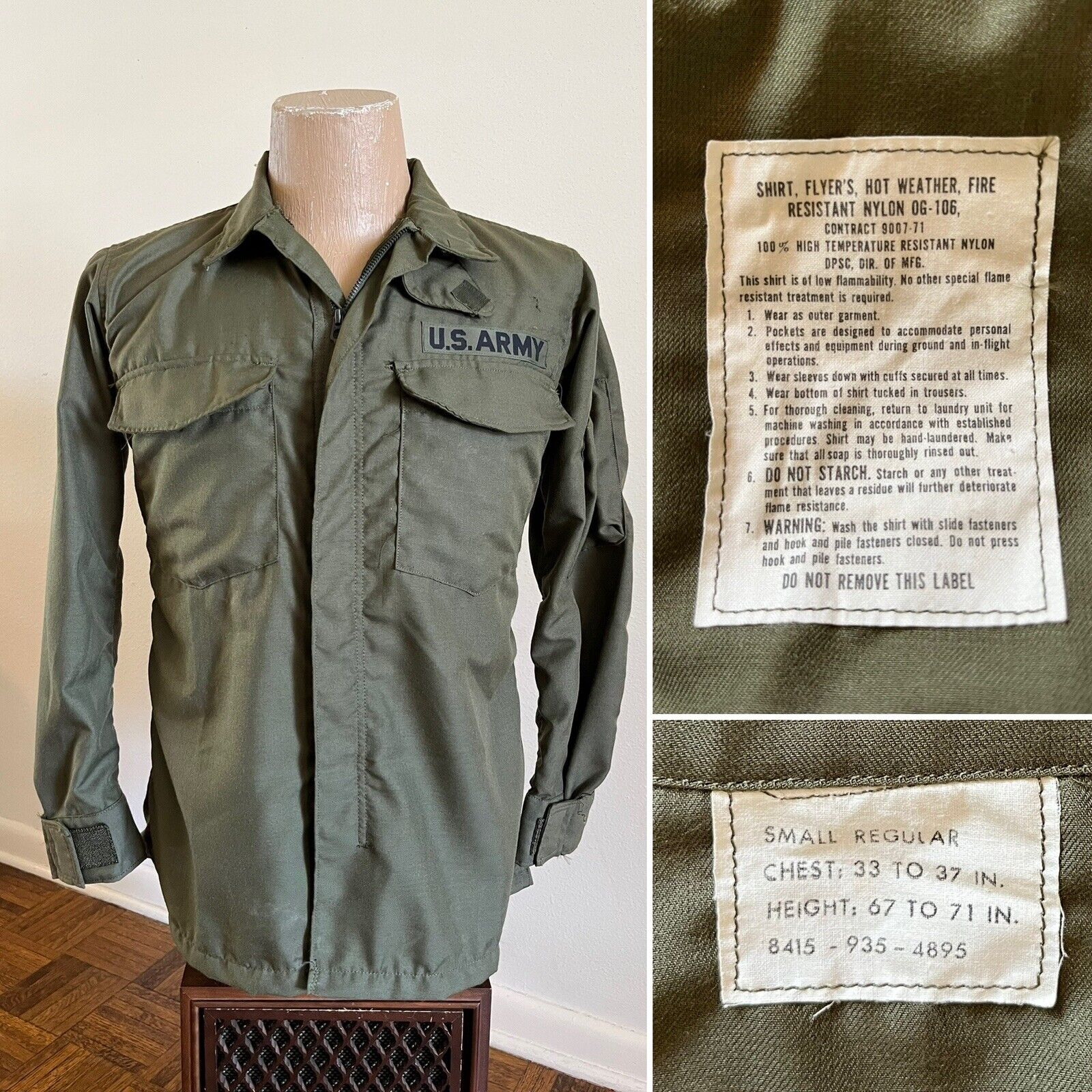 VTG 1971 US Army Hot Weather Flight Flyers Shirt SMALL REGULAR OG-106 Jacket 70s