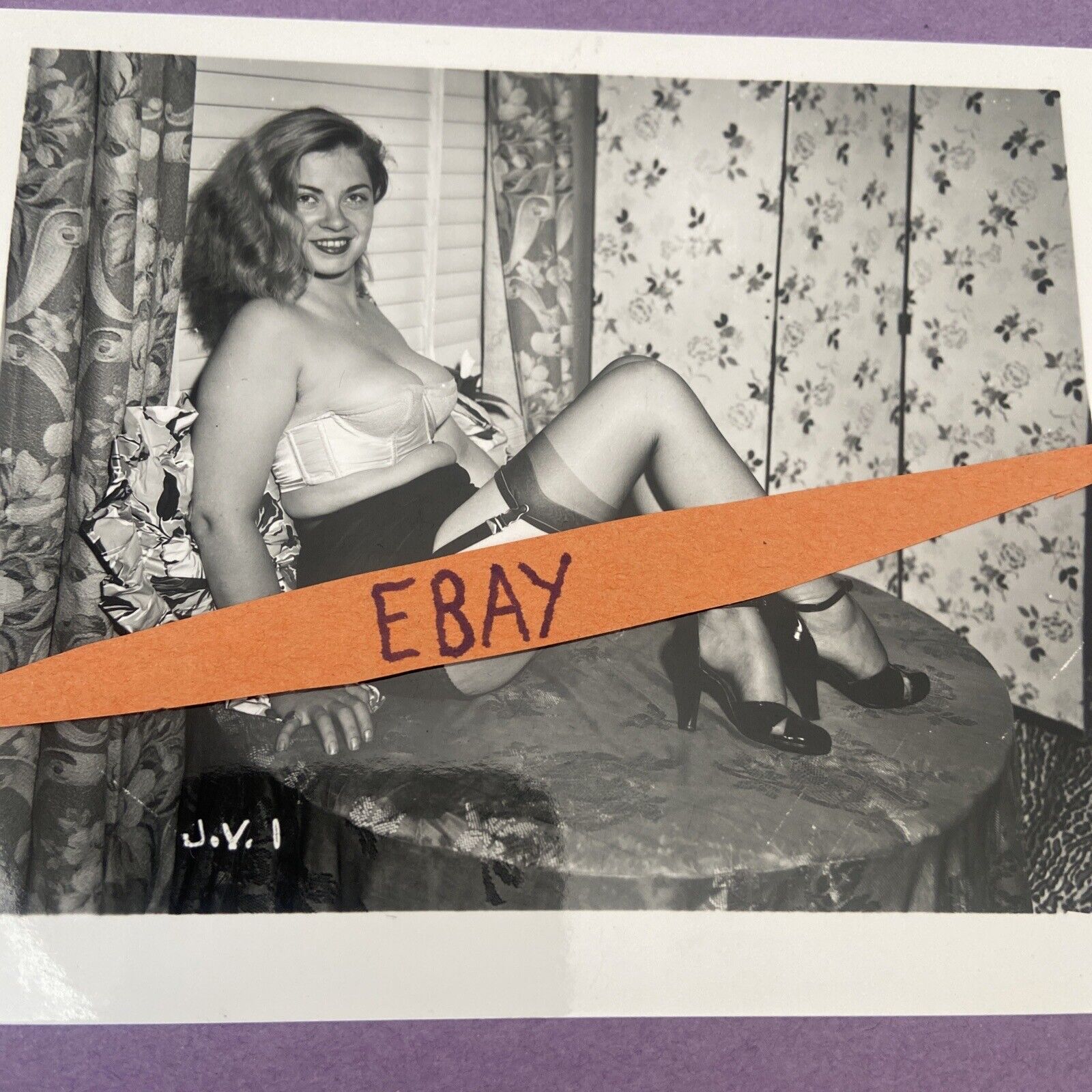 4x5 B&W Glossy Photo. Black Garters,  Heels. Orig. Irving Klaw
