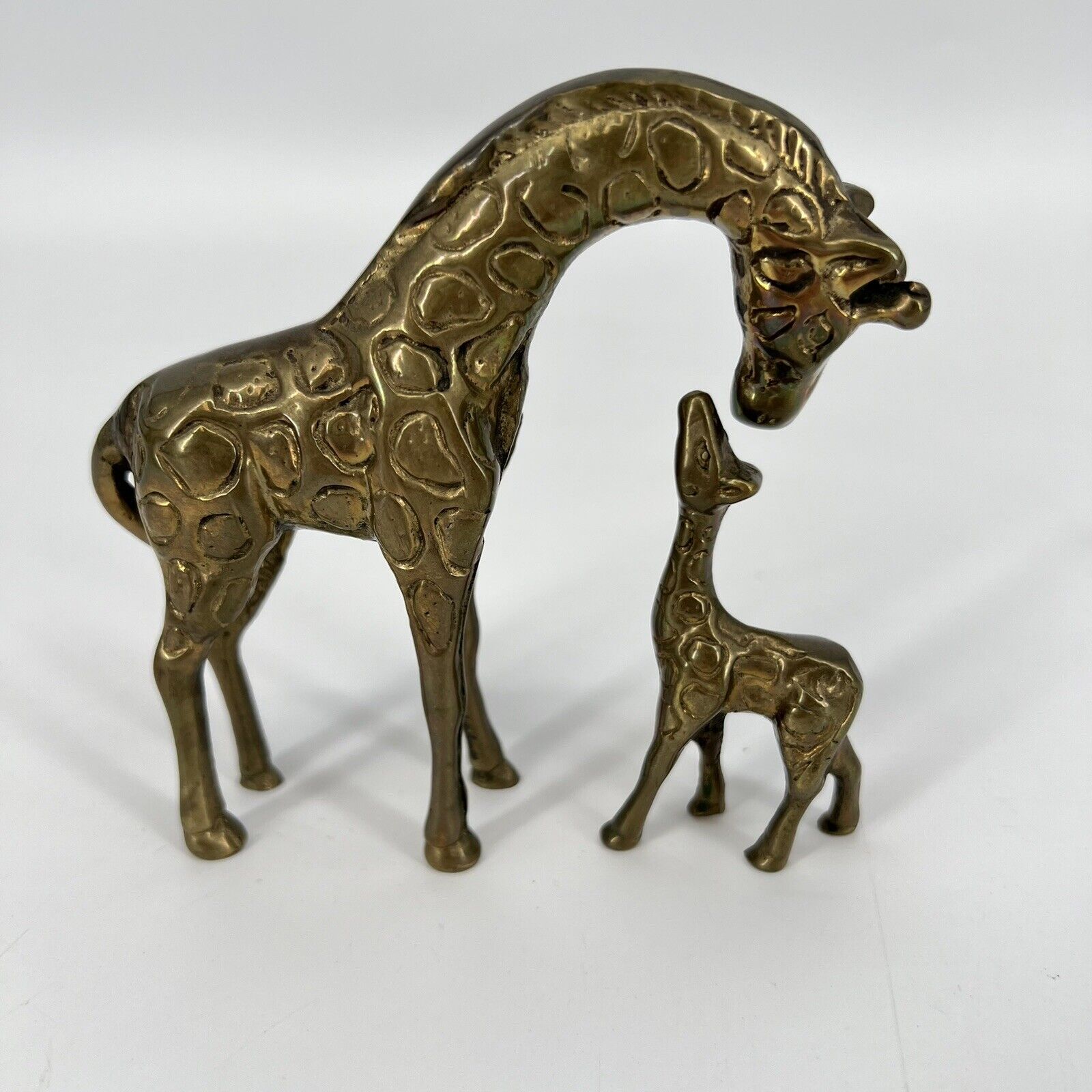 Vintage Solid Brass Giraffe Mother and Baby Kissing Figurines