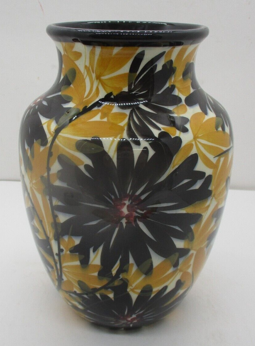 Vintage Handpainted German Vase Black and Yellow Flowers