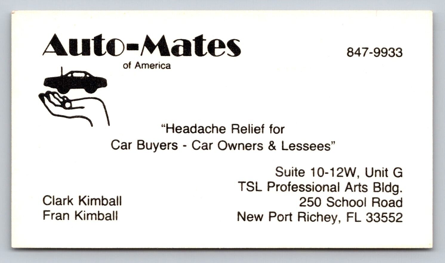 1970s 1980s Business Card Auto Mates Cars New Port Richey FL Vtg