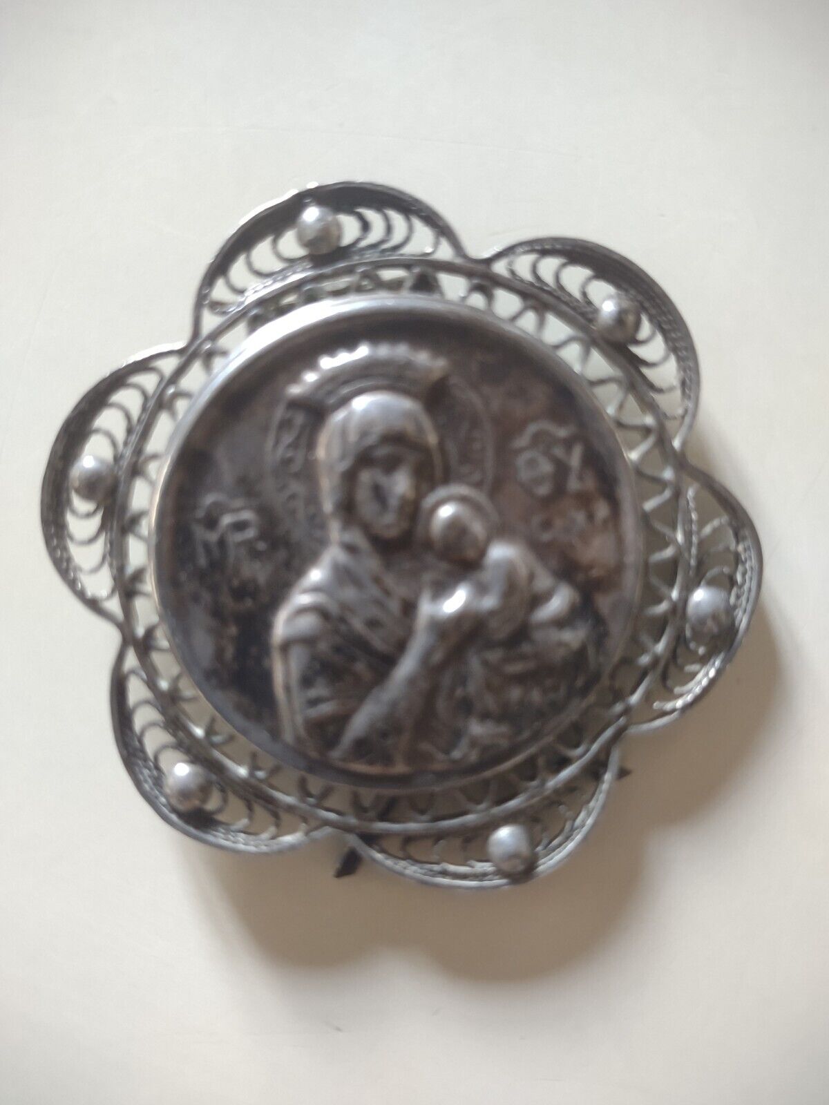 Vintage Virgin Mary Baby Jesus Embossed Silver Toned Metal Plaque With Stand