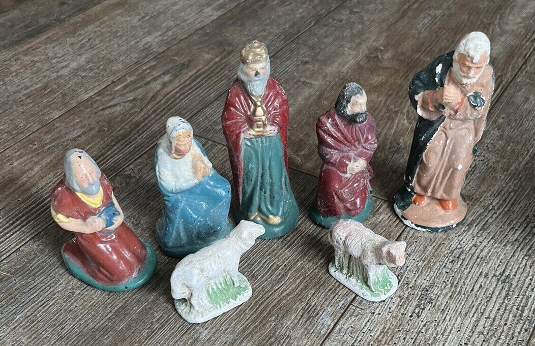 Original Vintage Chalkware Nativity Scene Various Figures 1940s Rare READ