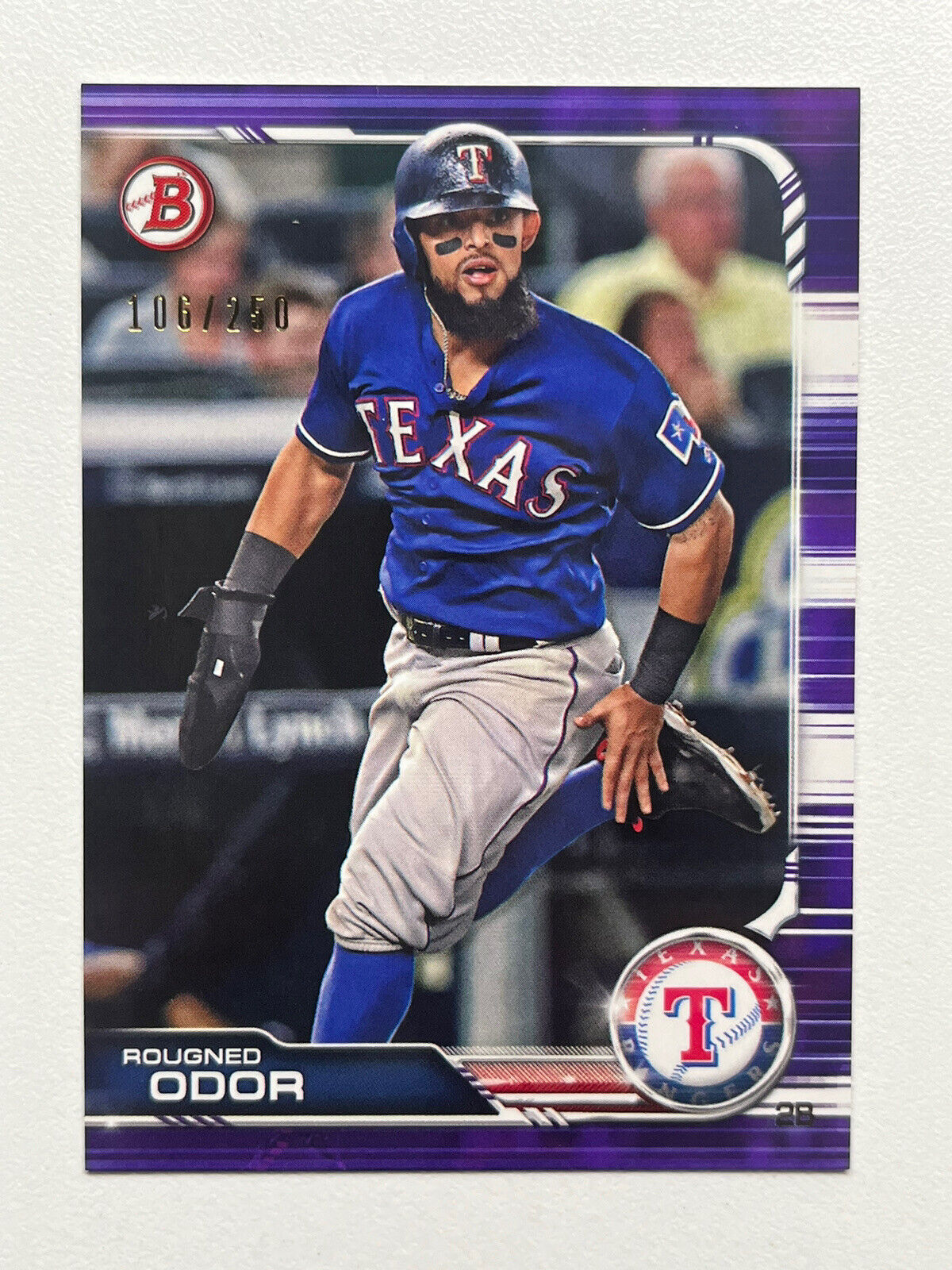 2019 Bowman Purple #77 Rougned Odor /250 Texas Rangers Baseball Card