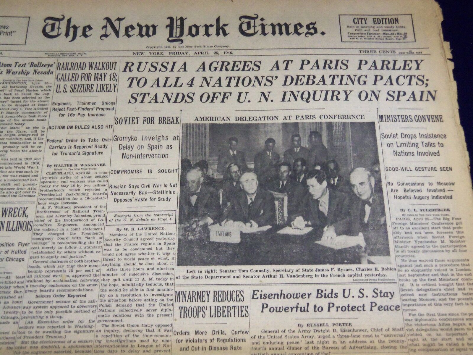 1946 APRIL 26 NEW YORK TIMES - AMERICAN DELEGATION AT PARIS CONFERENCE - NT 2302