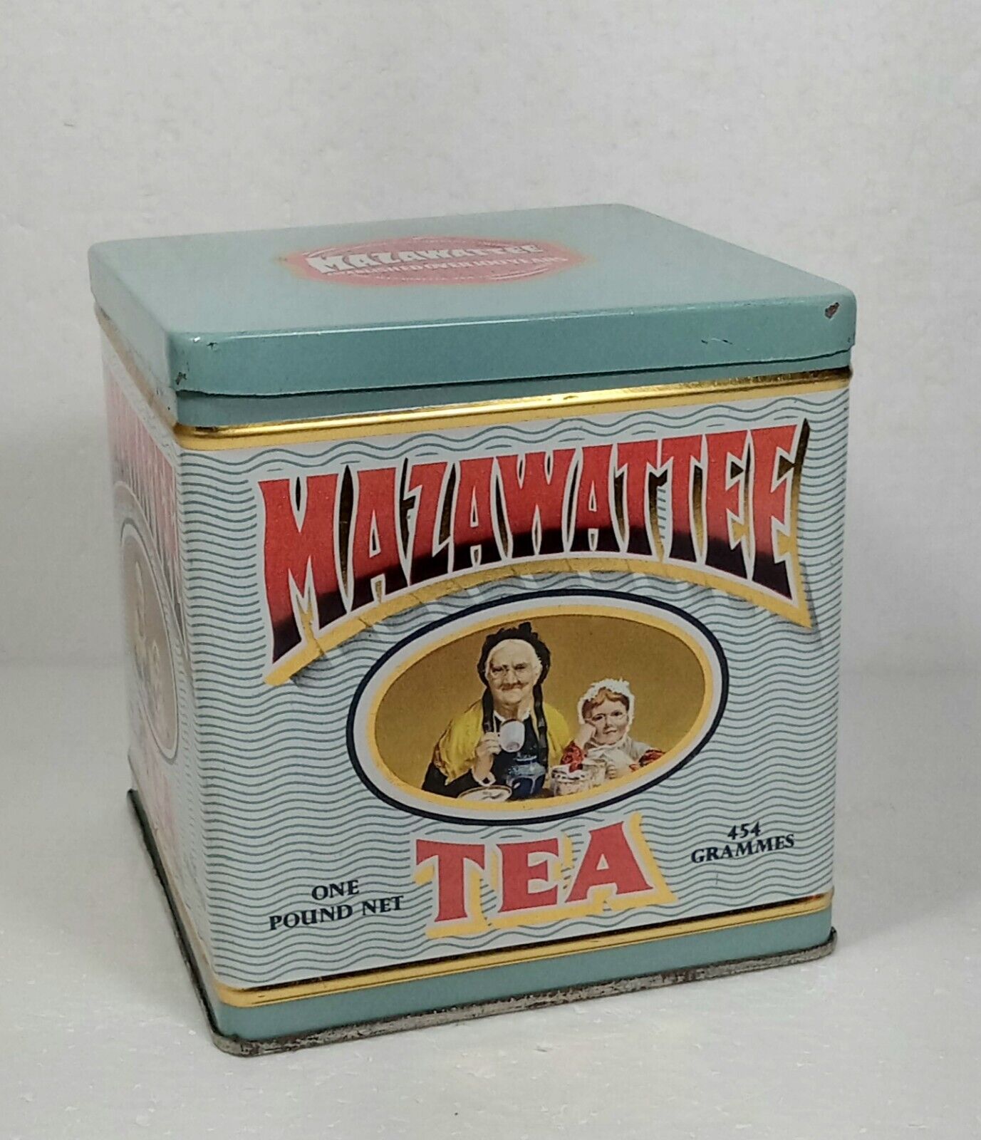 Vintage Tea Cube Empty Tin Mazawattee Grandmother & Granddaughter Collectors Tin