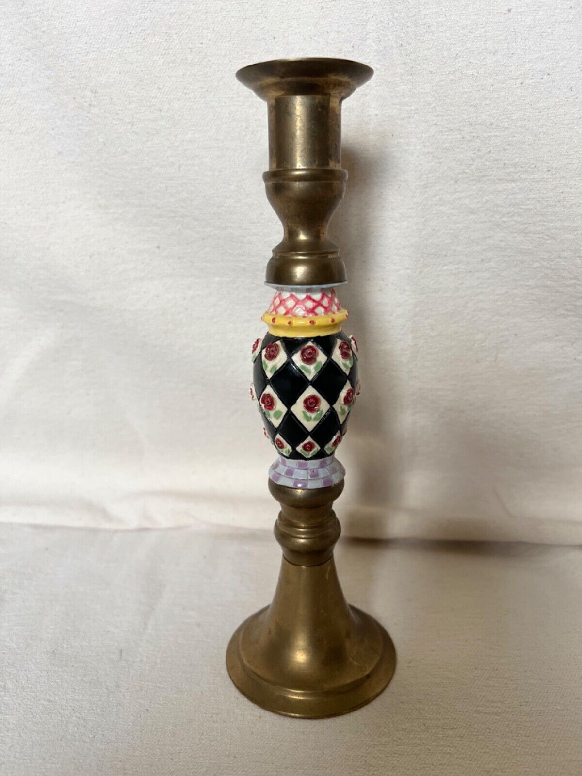 Vintage Solid Mid. Century Modern Brass and Porcelain 9 inch Tall Candle Holder