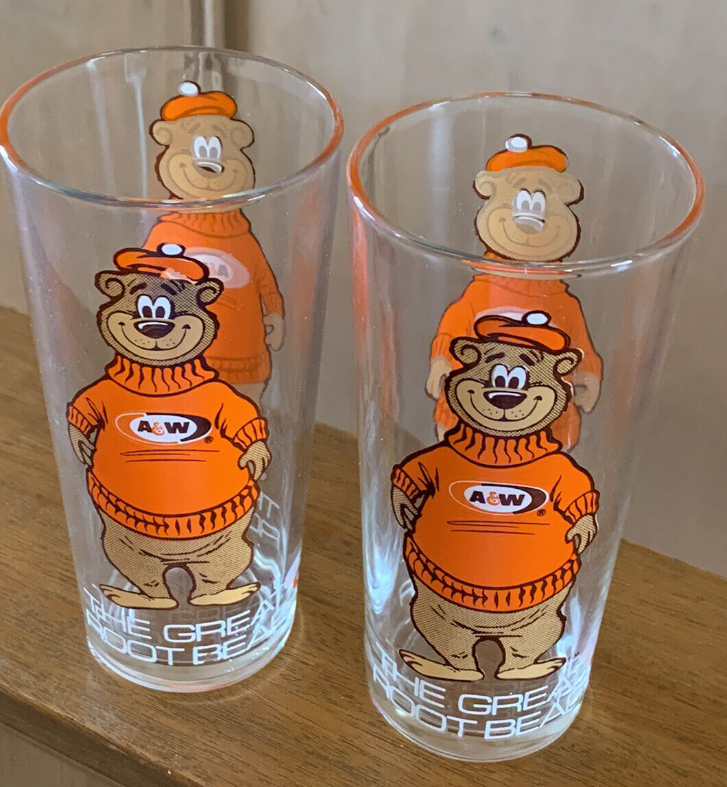 2 Vintage A&W Family Restaurant ROOTY THE GREAT ROOT BEAR Root Beer Glasses