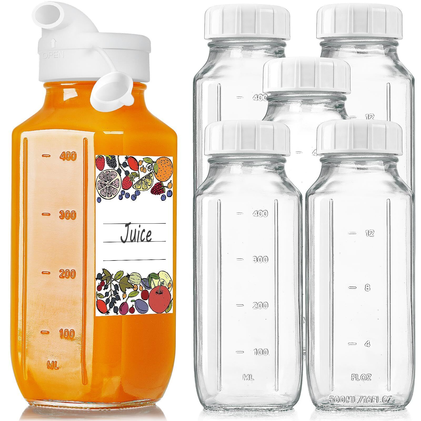 6 Pack 16 Oz Glass Juice Bottles w Pour Spout, 100% Airtight Heavy Duty SCREW...