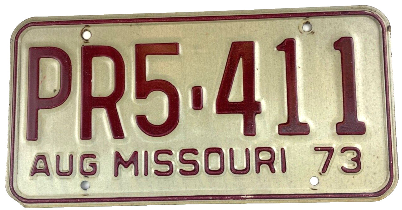 Vintage Missouri 1973 Auto License Plate PR5-411 Man Cave Pub Decor Collector