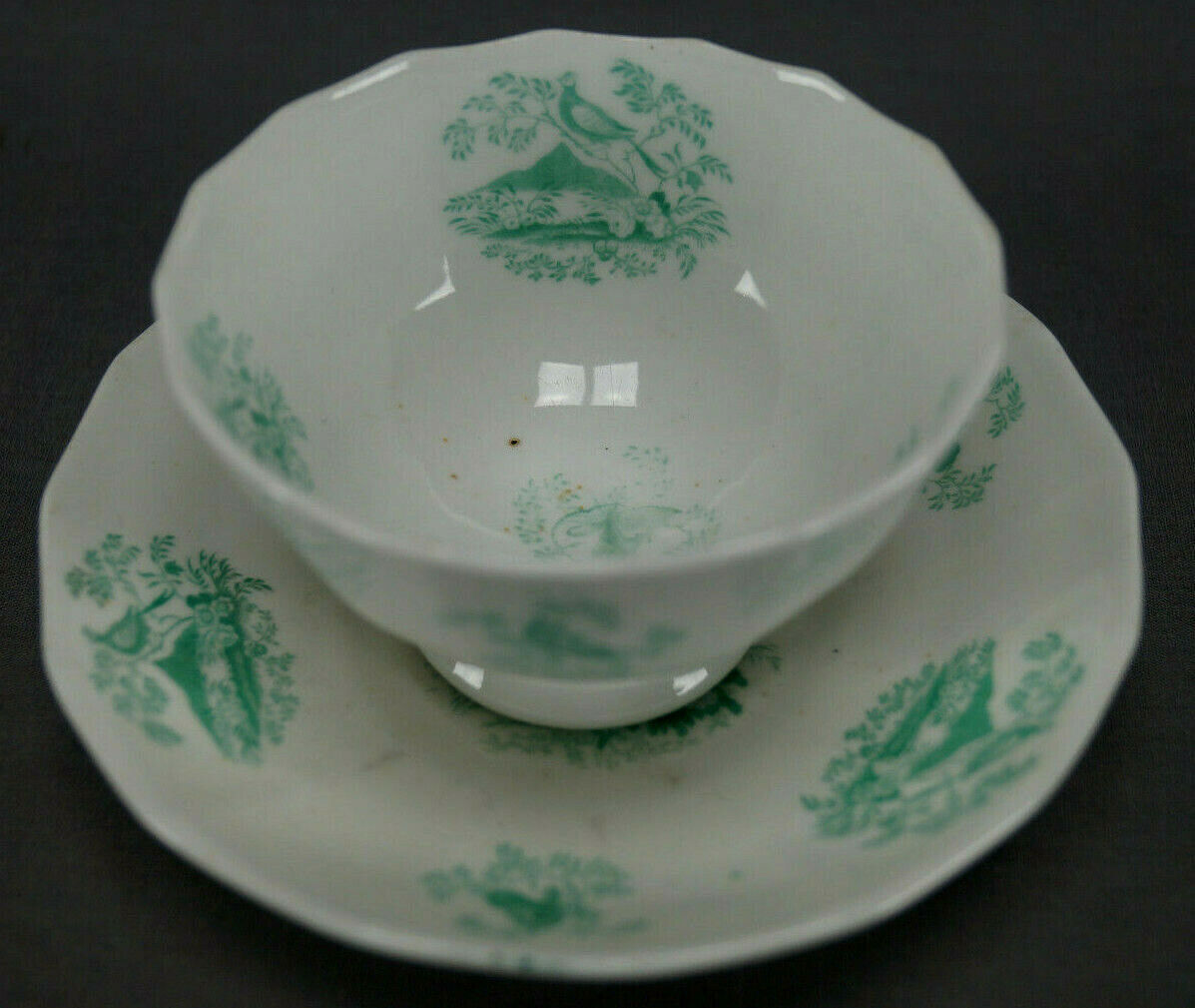 British Soft Paste Porcelain Green Birds & Butterflies Tea Bowl & Saucer 1830 B