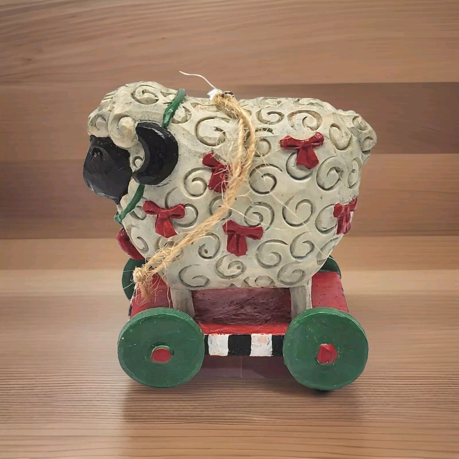 Christmas Ornament Sheep/Lamb On Cart Wooden Primitive Folk Art Rustic 3 inches