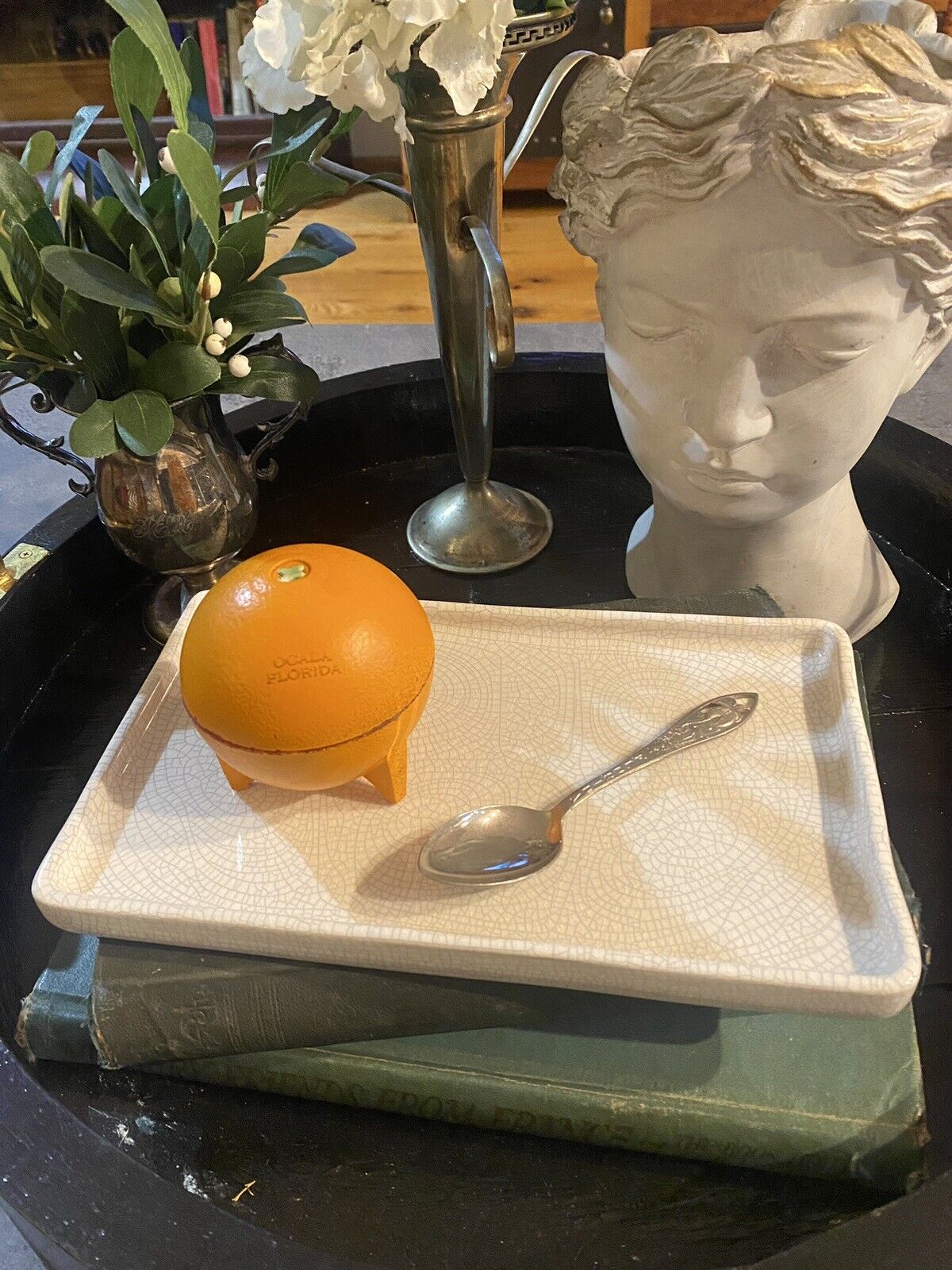Vintage Florida Souvenir Orange Glass Box and Silver Plated Spoon
