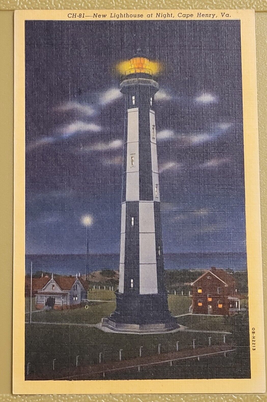 Lighthouse at Cape Henry Virginia at Night - Vintage Linen Postcard - 1941
