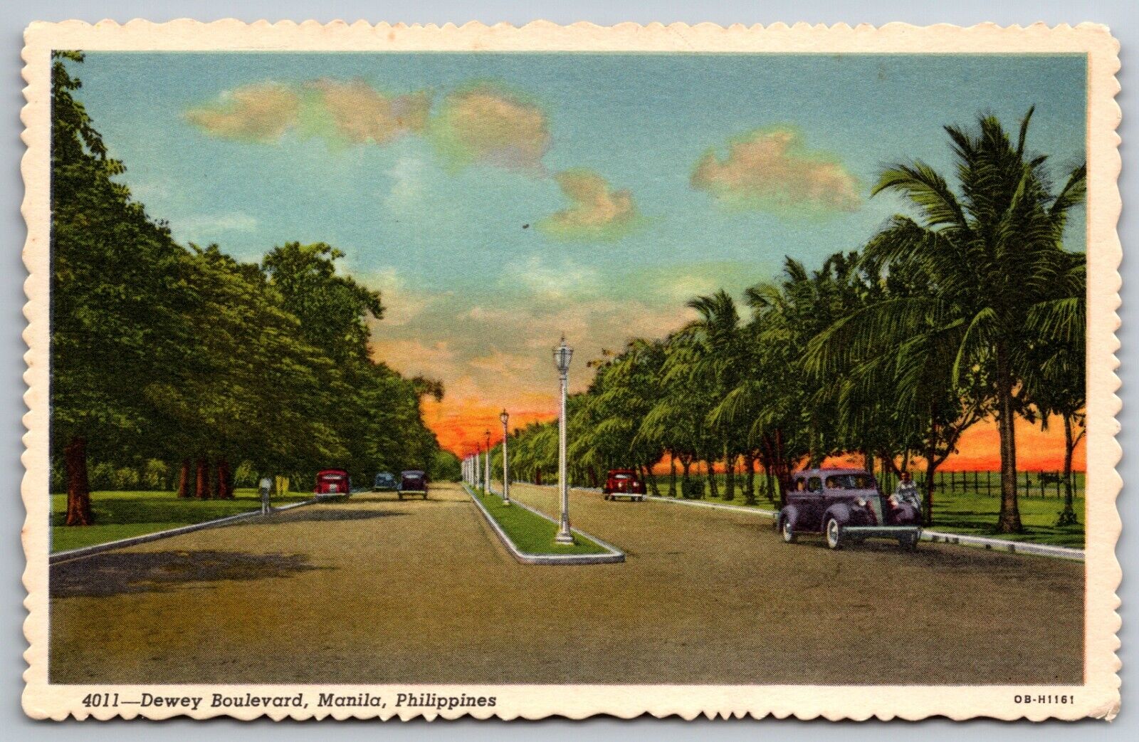 Dewey Boulevard Manila Philippines Palm Trees Classic Old Cars Greeting Postcard