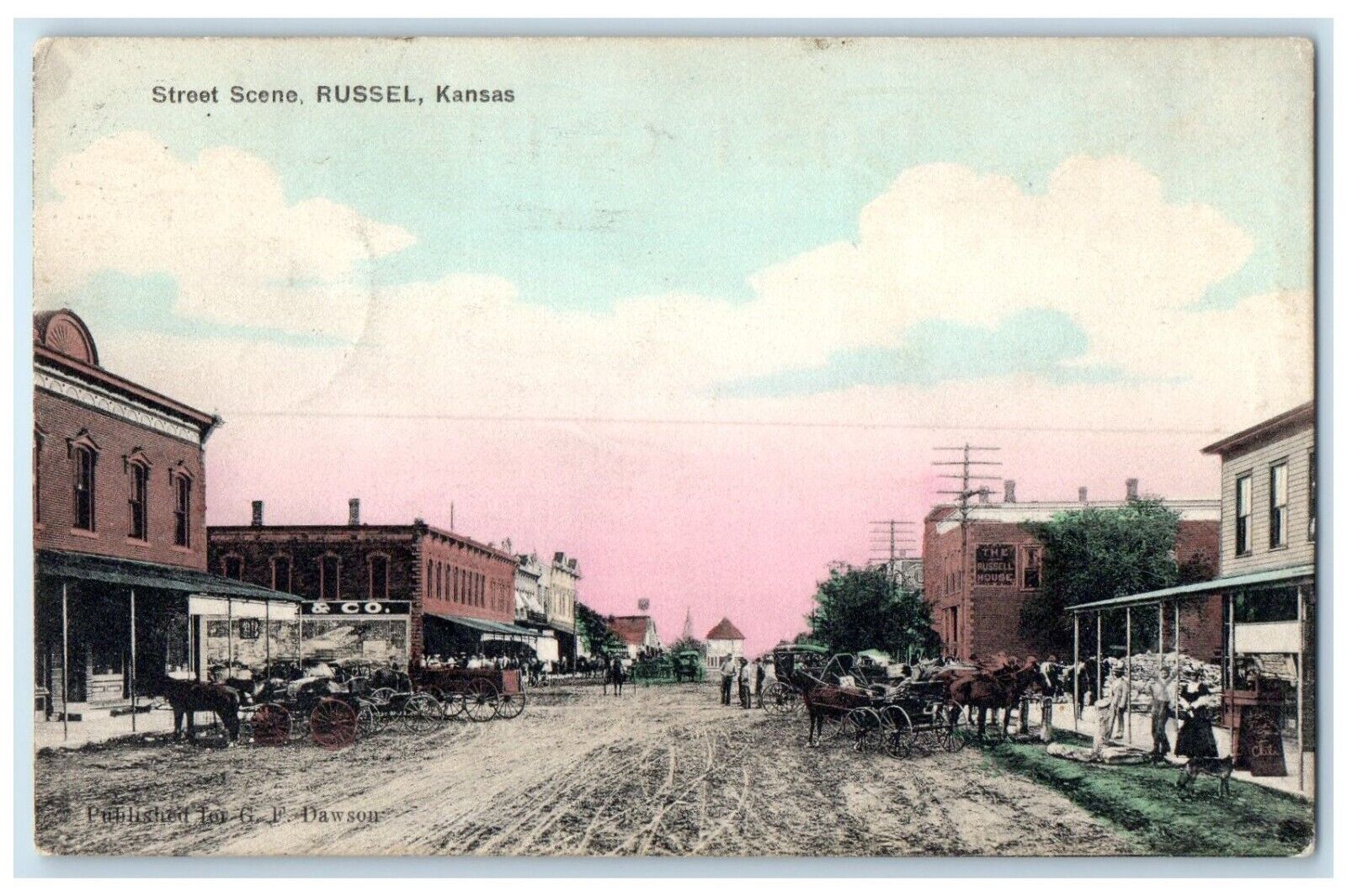 1909 View Of Street Scene Russell Kansas KS, Dirt Road Horse Carriage Postcard