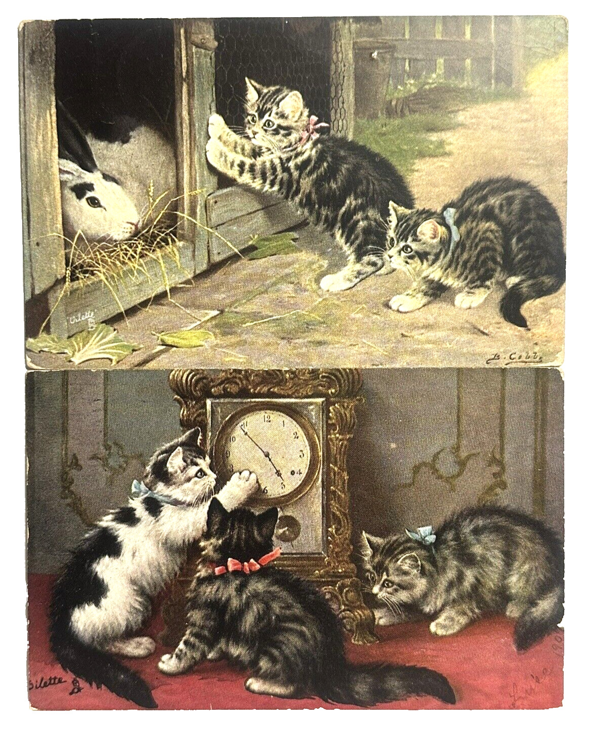 Tucks Cat Postcard Kitten Visit Rabbits How Does It Work by B. Cobbe Lot 2
