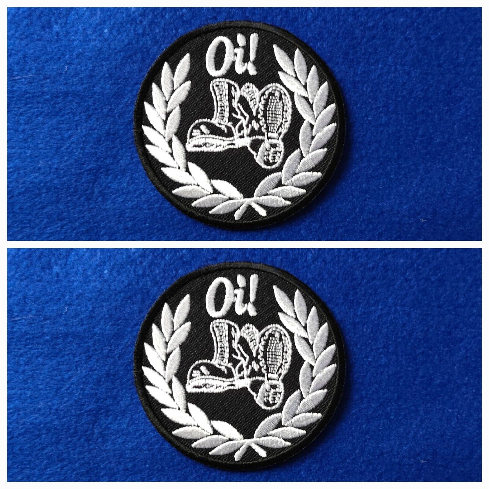 A Pair Of Oi Romper Stomper Boots Skinhead Patches Sew / Iron On Badges