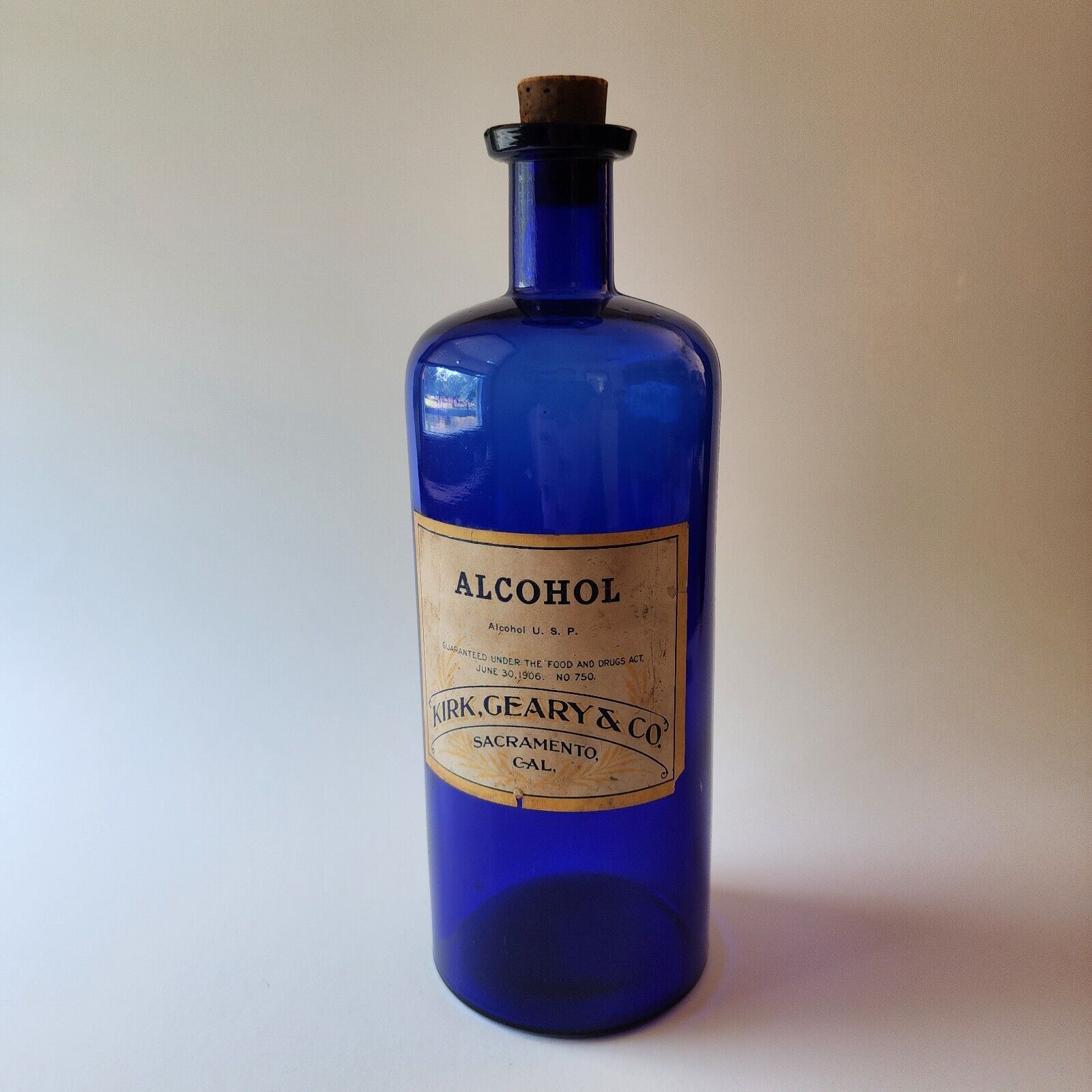 Apothecary Bottle LG Sz COBALT BLUE Kirk Geary Co. Alcohol Label Sacramento Cal