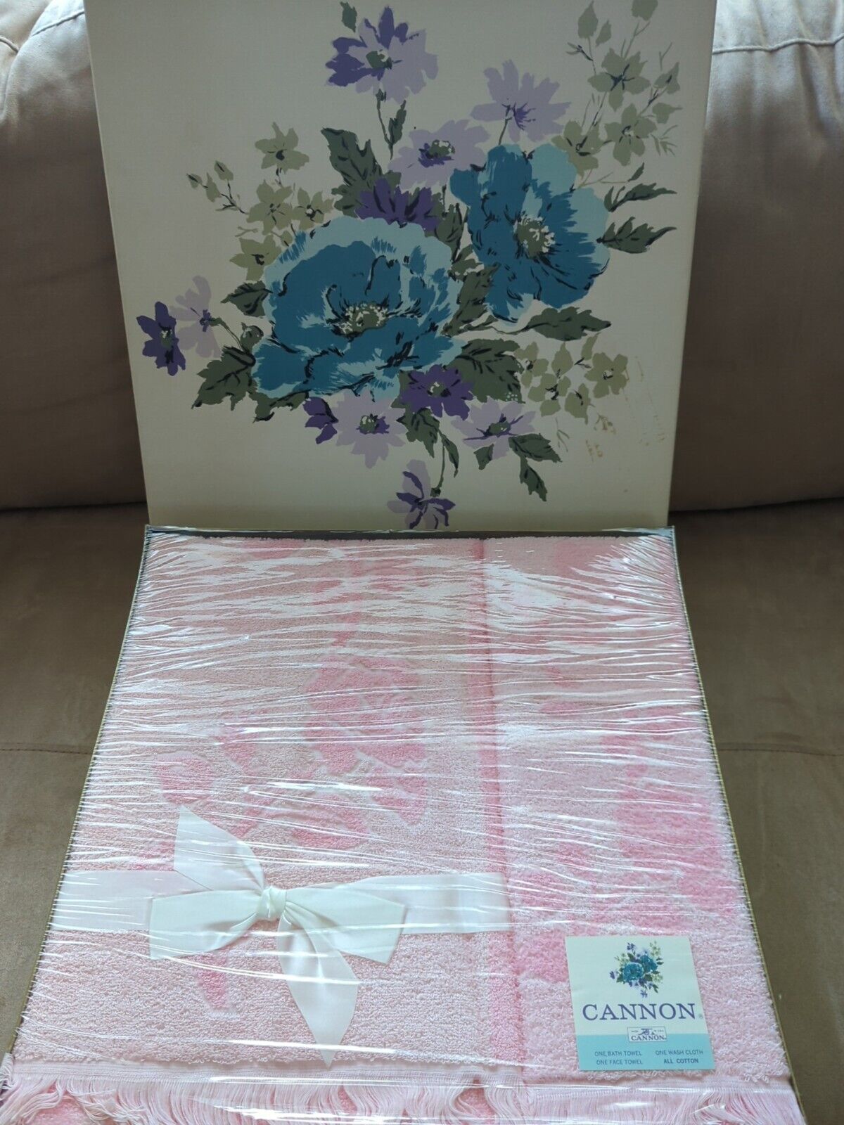 Vintage Cannon Bath Towel Set Pink Rose Flower In Box 3 Pc Set Rare Read
