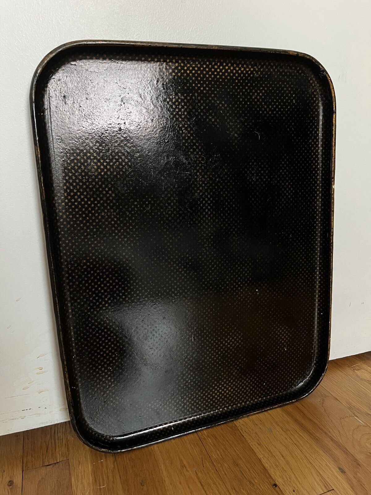 Lrg 1800s French Empire Vintage Black & Gold Star Lacquer Tray 16x20