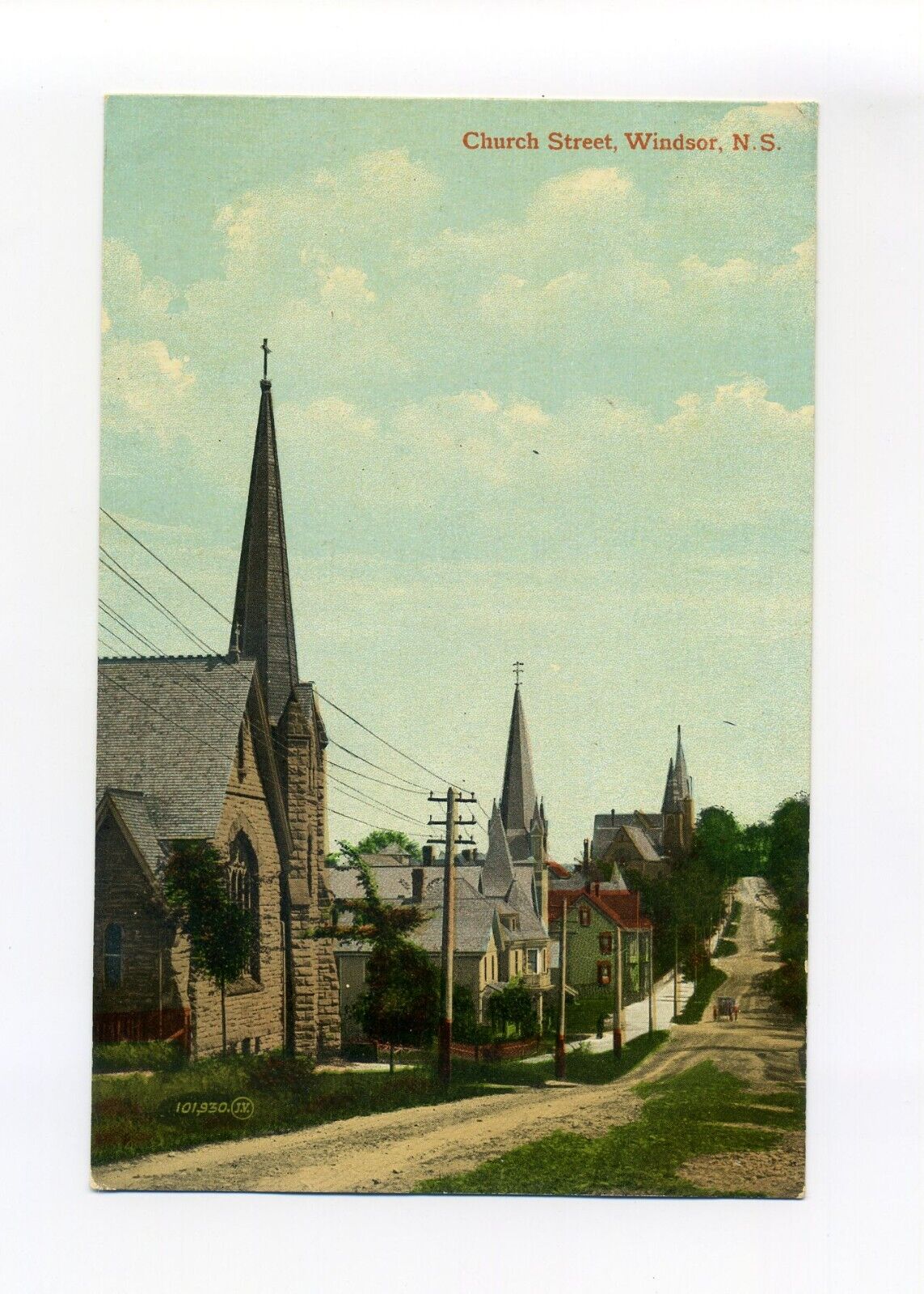 Canada, NS, antique postcard, Windsor Church Street View, dirt road, 3 steeples