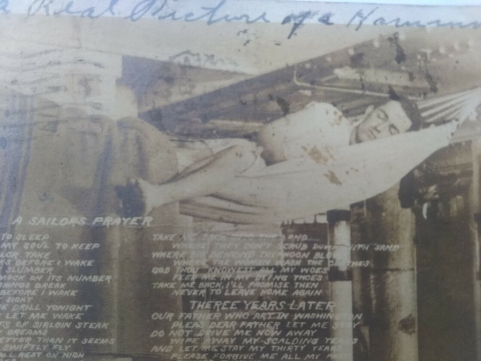 VTG Postcard. A sailor\'s prayer. RPPC, a sleeping sailor in a hammock.