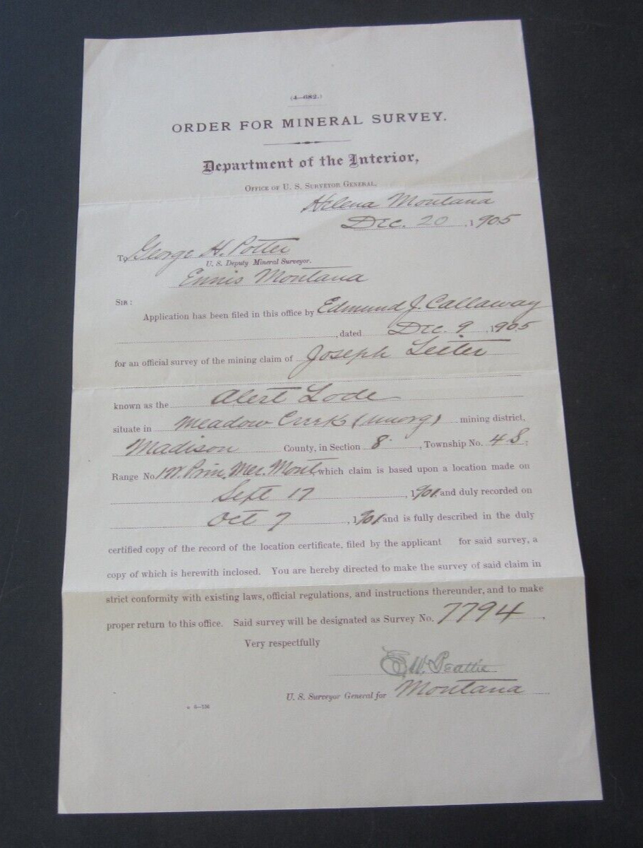 1905 Dept. Interior - MINERAL SURVEY Document - Meadow Creek Mining Dist MONTANA