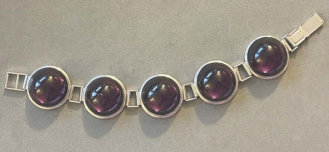 Authentic Rare LALIQUE Purple Cabochon Crystal Art Glass 5 Link Bracelet France