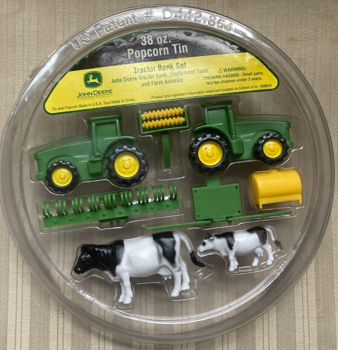John Deere Popcorn Tin Tractor Bank Set with Implement Tools & Cow Farm Animals