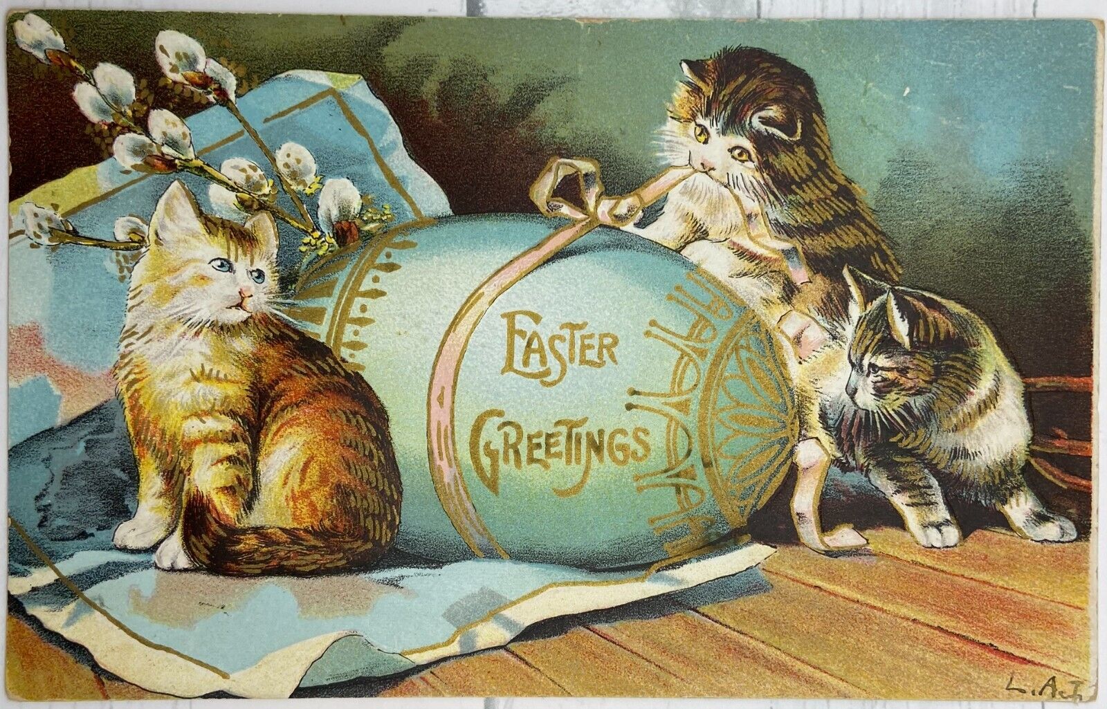 Vintage Postcard Easter Greetings with Cats Kittens ~ 1908