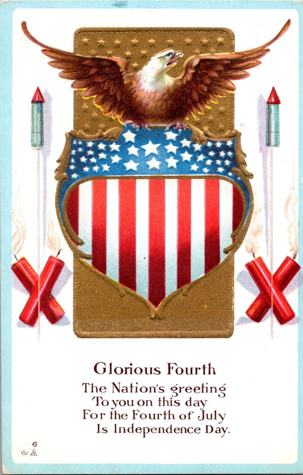 Antique Patriotic Postcard Glorious Fourth July Eagle Fireworks Flag Poem Gilt