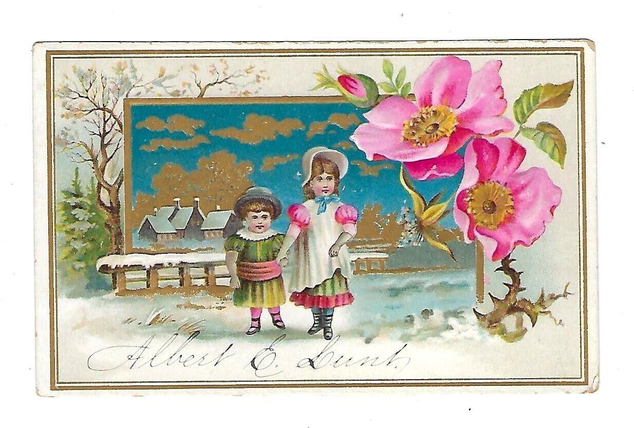 c1880's Trade Card, Embossed, 2 Children Walking in the Snow, Pink Flowers