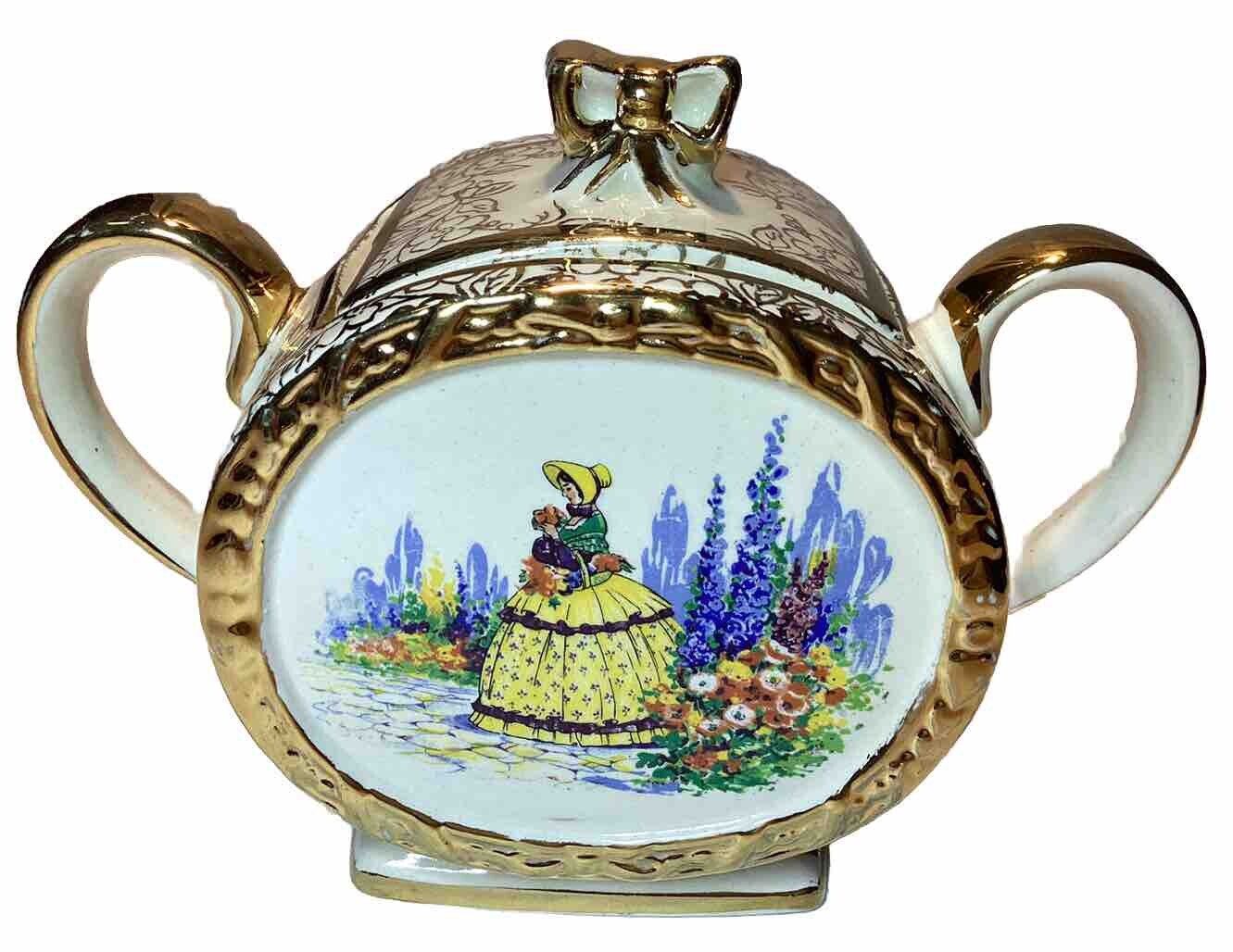 Antique Rare English 1930’s Sadler ”Crinoline Lady” Gilded Ironstone Sugar Bowl