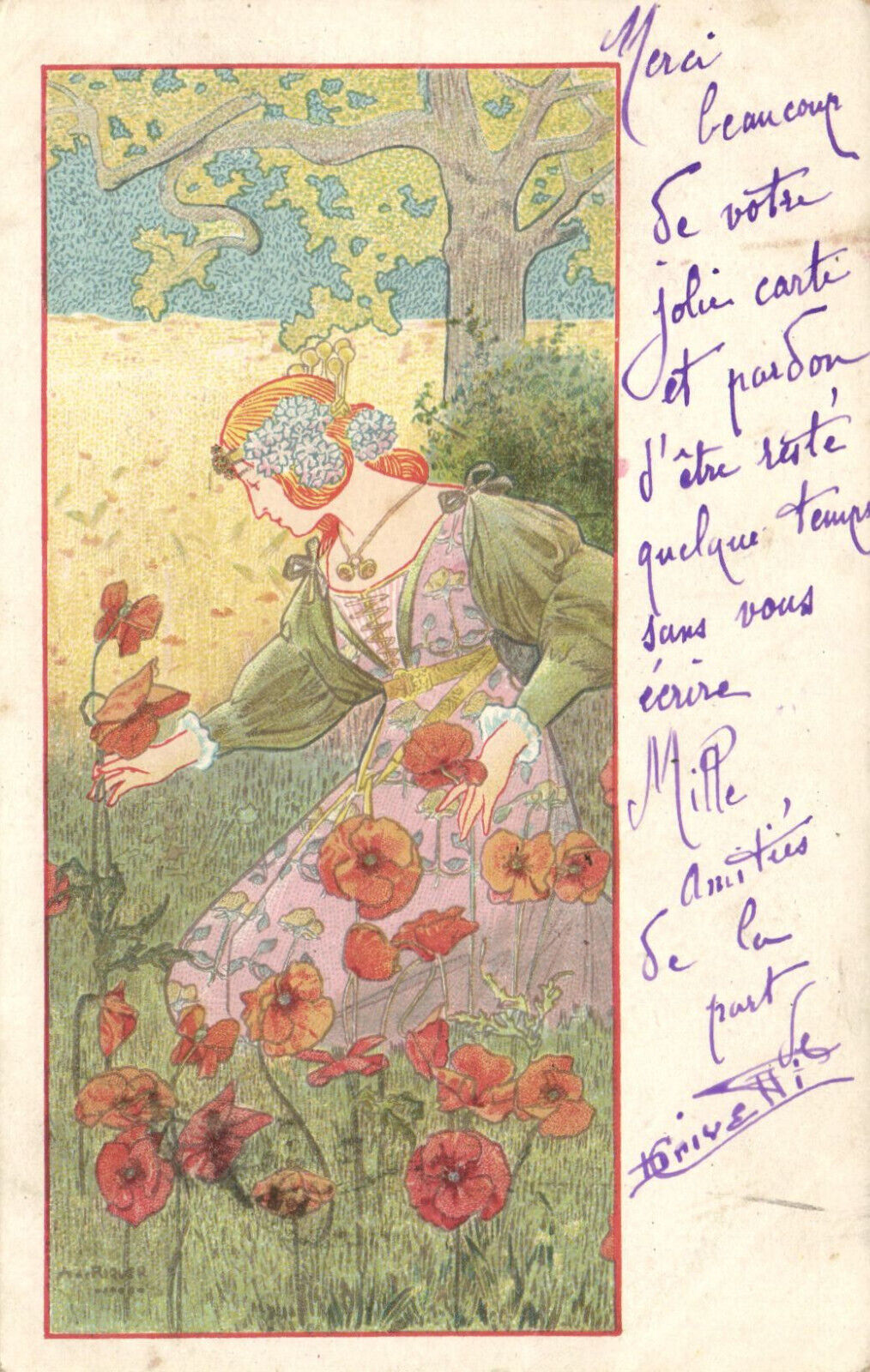 PC ARTIST SIGNED, RIQUER, ART NOUVEAU, FLOWERS, Vintage Postcard (b52164)