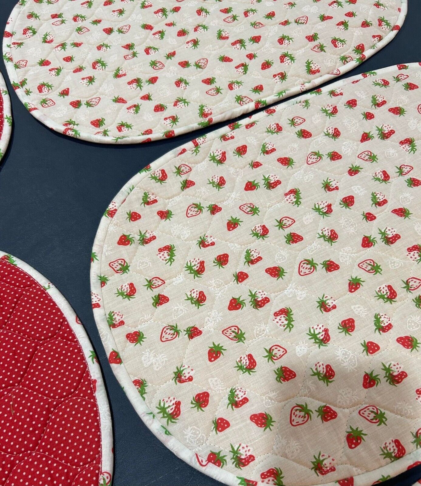 SET (6) Vintage Strawberry Polkadot Quilted Placements Retro Cottage Reversible